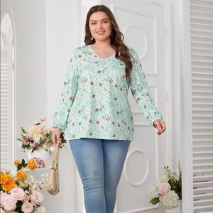 Emery Rose Mint Green Floral Long Sleeved Top